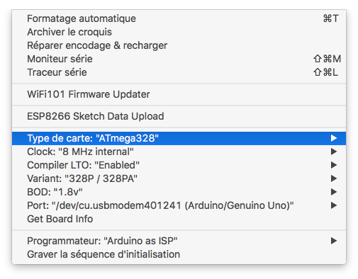 Configuration MiniCore programmation d’Arduino Pro Mini