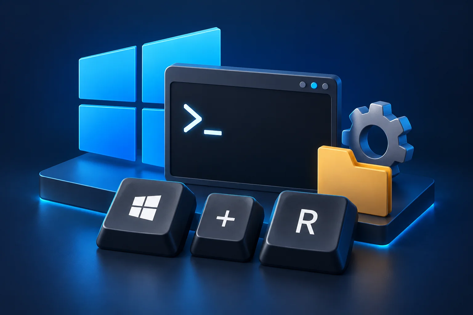 Illustration du logo Windows, d&rsquo;un terminal, du raccourci Win + R et des outils syst&egrave;me.